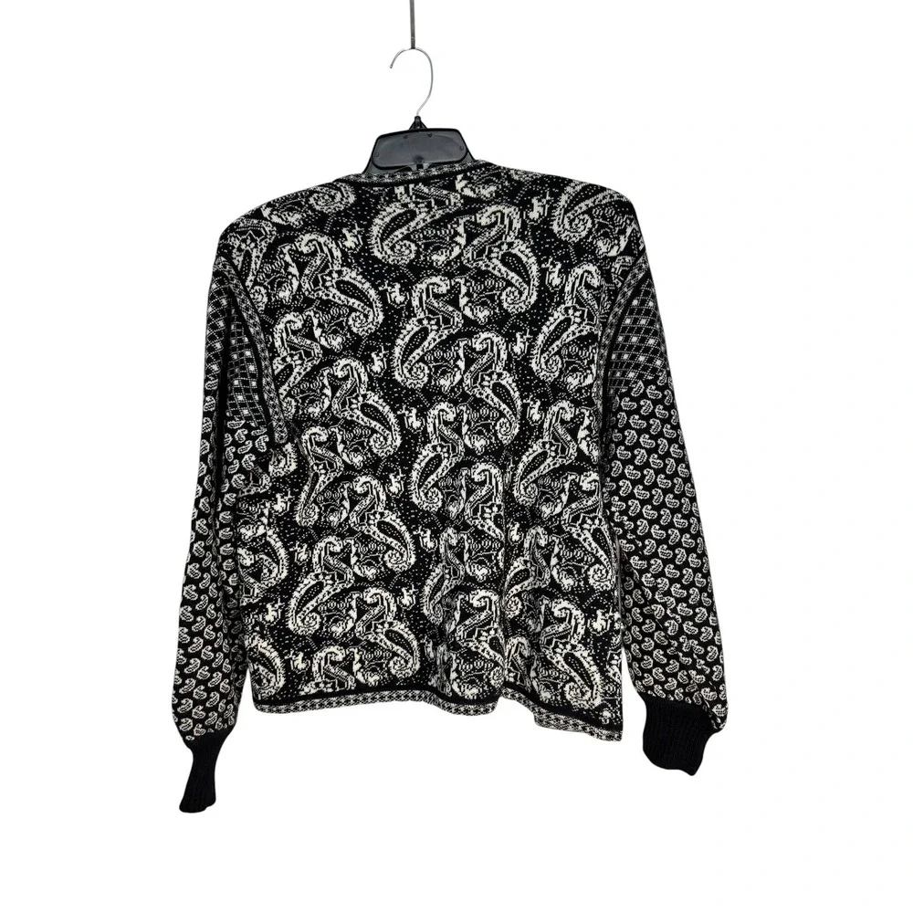 Ciao Ltd Vintage 100% Wool Paisley Cardigan Sweater Silver Dome Buttons Black 16
